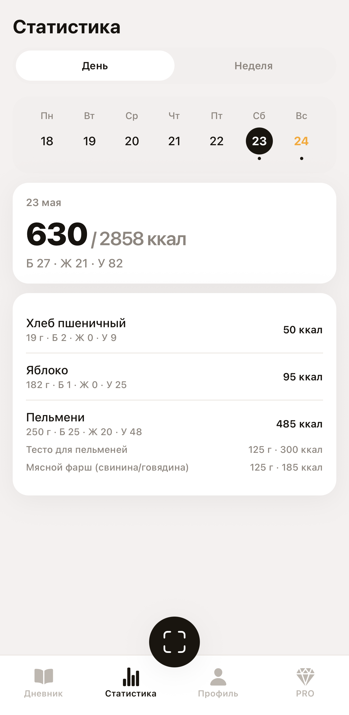 Экран статистики в приложении NomNom AI